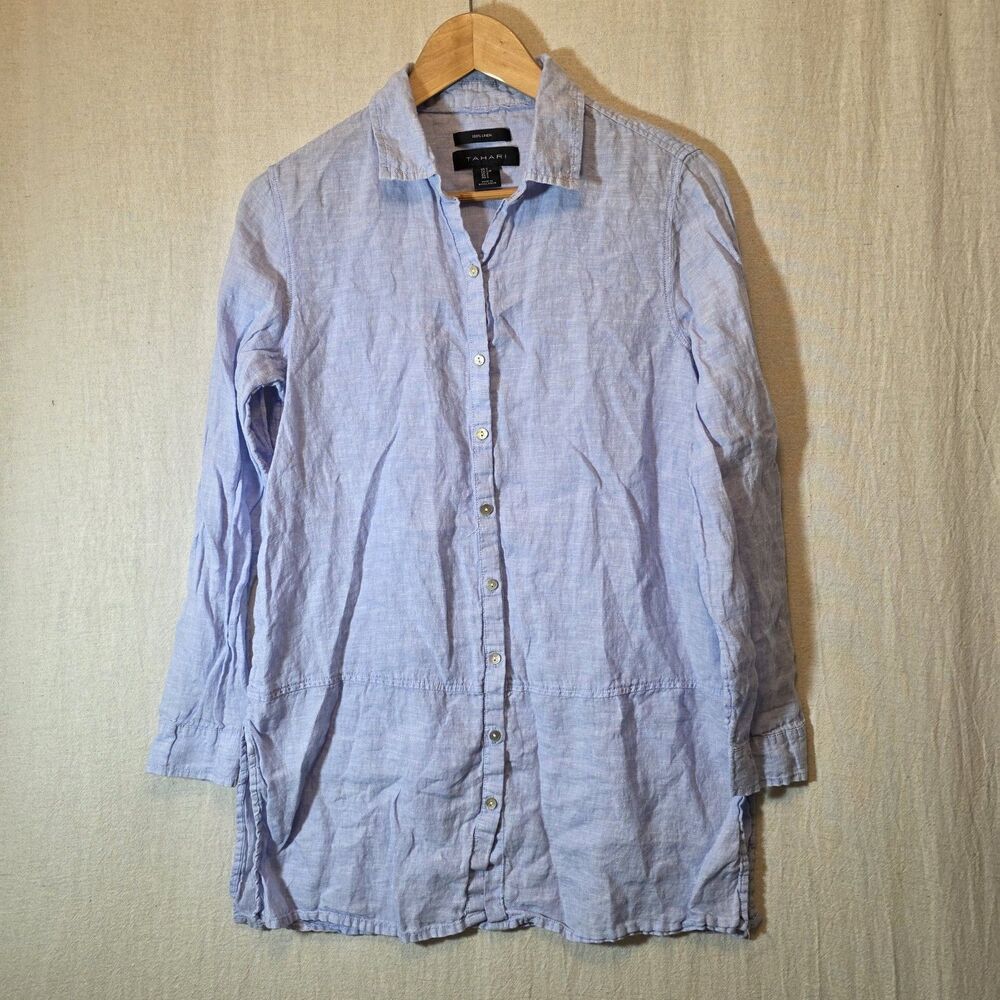 Tahari Essentials Womens Small Blue 100% Linen Button Down Tunic Shirt MoP